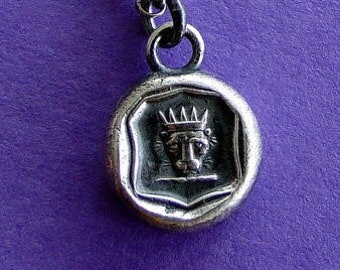 Courage pendant, Lion with crown, antique wax seal pendant, Handmade sterling lion pendant