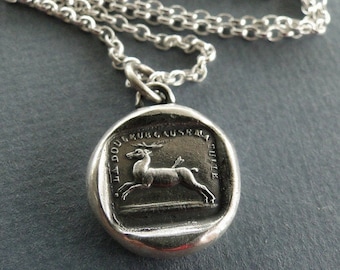 Pain causes me to flee, sterling silver necklace, amulet, pendant,  antique wax seal pendant, sterling silver, handmade , stag, or deer.