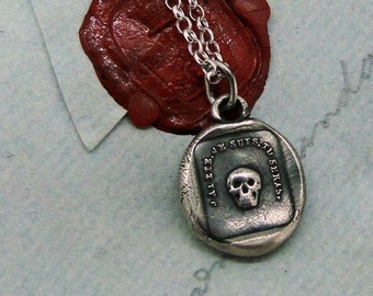 skull necklace- sterling skull wax seal pendant - 'as you are so once was I'. memento mori.  antique wax letter seal.