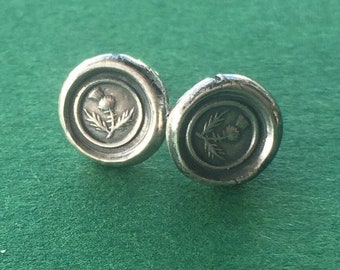 Sterling silver, Thistle, wax seal stud earrings. Scottish emblem, antique seal impression.