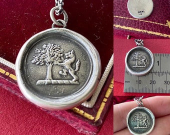 Kracht en moed. Eik en Leeuw, Sterling zilveren heraldiek hanger antiek was zegel indruk.