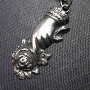 Sweetheart, mourning hand, sterling memento mori pendant. Beautiful Victorian sterling Rose Pendant
