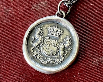 Antieke wassen briefzegel 'Essayez' 'Try' betekenisvolle inspirerende sieraden. Heraldiek sieraden, bevatten leeuwen voor moed.