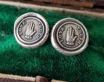 Love, truth stud earrings. Sterling earrings. Handmade wax seal jewellery.