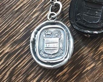 Resurgam.... I will rise again.. Latin Motto silver necklace, Resurgam and lion heraldry seal.