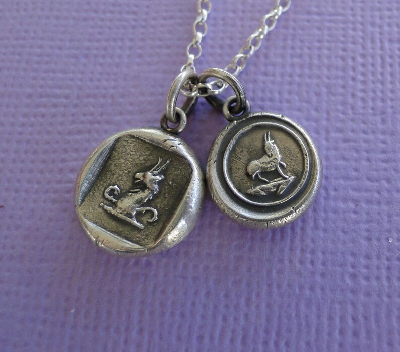Wisdom and diplomacy. Goat or Ibex, antique wax seal impression, sterling silver