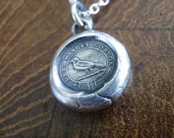 God Feeds the Ravens…. sterling silver antique wax letter seal. Religious pendant featuring a crow or raven