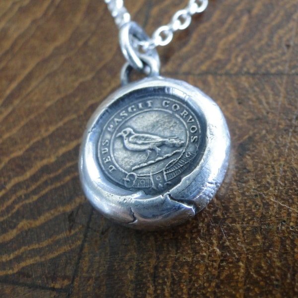 God Feeds the Ravens…. sterling silver antique wax letter seal. Religious pendant featuring a crow or raven