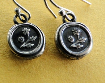 Forget me not flower, wax seal, sterling silver, dangle earrings.