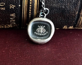 Bee constant.  Sterling antique wax seal  impression. Handemade seal pendant.