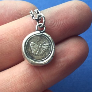 Moth pendant. Rebirth and new beginnings. Antique wax letter seal jewelry, Sterling silver seal with moth impression