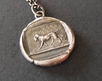 dog pendant, victorian hunting dog scene. Antique wax seal jewelry. handmade sterling pendant. man's best friend.