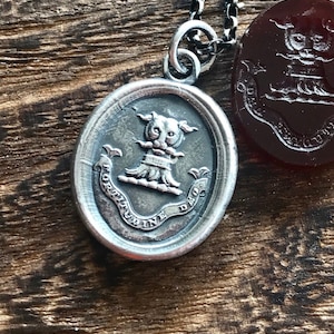 Por la fuerza de Dios, sello de cera antiguo, plata de ley, religioso, fe, pantera, collar de plata, latín, joyería hecha a mano