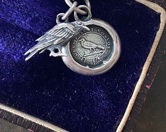 Tiny raven and God Feeds the Ravens combo…. sterling silver antique wax letter seal and 3D double sided raven charm. Religious pendant.