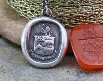 I Hold Firm.... Je Tiens Ferme, Antique wax seal impression in sterling silver. Handmade Amulet.