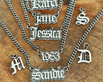 Sterling silver Handmade Nameplate Necklace on a 3.5mm solid curb chain. You choose the name or phrase.  est year.