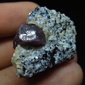 Könnte beinhalten: Nahaufnahme einer Mineralprobe mit einem dunkelvioletten, facettierten Kristall. Der Kristall ist auf einer Matrix aus weißen, schwarzen und gelben Mineralien angeordnet, was einen auffälligen Kontrast erzeugt. Die Probe wird in einer Hand gehalten.