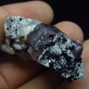 May include: A close-up of a dark purple gemstone embedded in a matrix of white and black crystals. The gemstone is surrounded by a rough, textured surface.