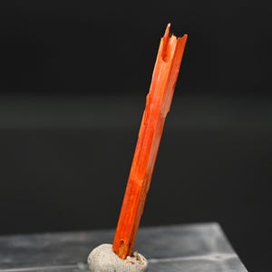 Könnte beinhalten: Ein schlankes, leicht gebrochenes Mineralstück in leuchtend orange. Das Mineral befindet sich auf einem grauen Sockel.