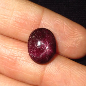 May include: A deep red oval-shaped gemstone with a star-like pattern in the center.
