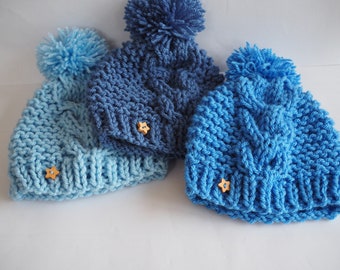 Hand Knitted Baby Beanie: Blue Pom Pom Hat with Star Button