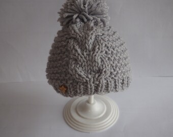 Grey Knitted Baby Pom Pom Hat, Unisex Acrylic Beanie
