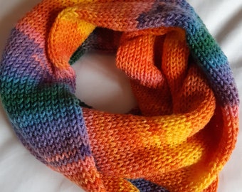 Hand Knit Multicolor Infinity Scarf, Wool Blend Cowl