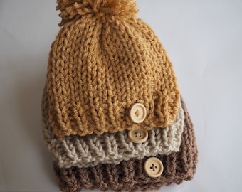 Hand Knitted Baby Pom Pom Beanie: Chunky Acrylic, Photo Prop