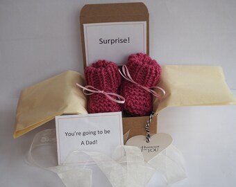 Pregnancy Announcement Gift Box, Handmade Knit Baby Booties