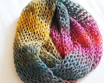 Lightweight Knitted Infinity Scarf: Wool Blend Dropped Stitch Cowl