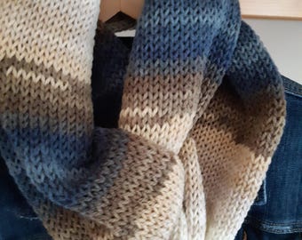Hand Knit Wool Blend Infinity Scarf, Muted Blue Brown Cream Cowl
