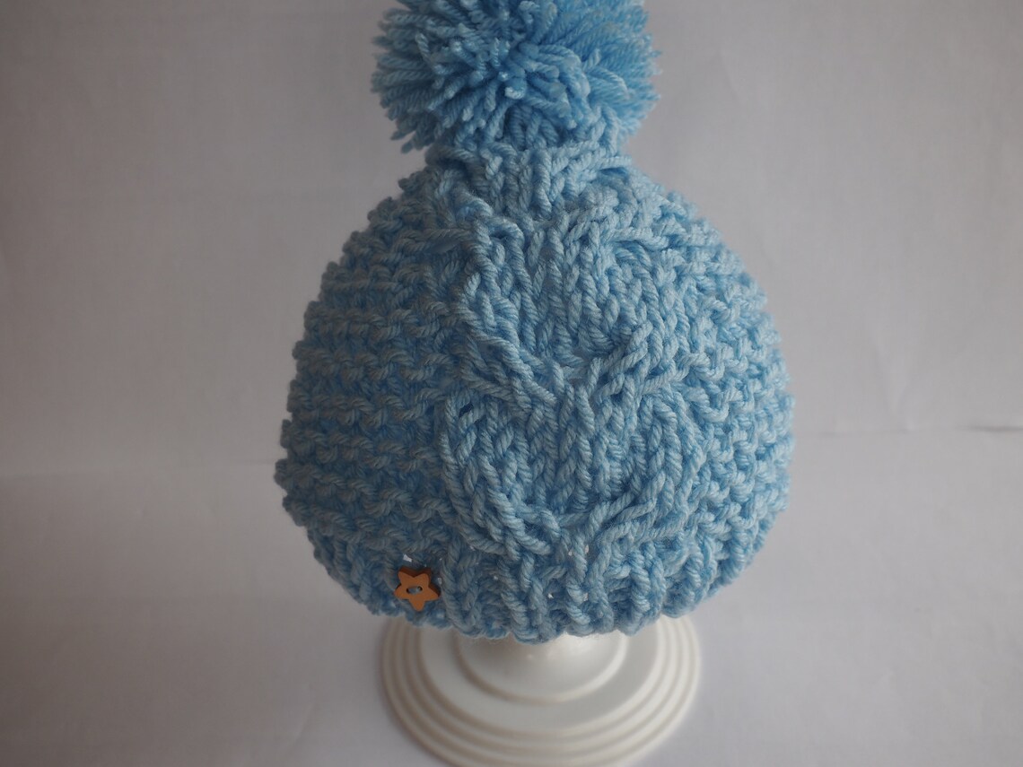 Hand Knitted Baby Hat Blue Pom Pom Hat Blue Beanie Hat Etsy