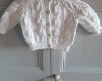 Hand Knitted White Baby Cable Cardigan: Shower Gift