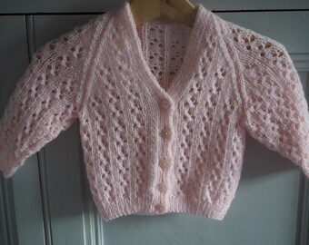 Hand knitted pink baby cardigan, knitted baby girl's lacy cardigan, baby jacket, pink baby matinee jacket, baby knitted cardigan.