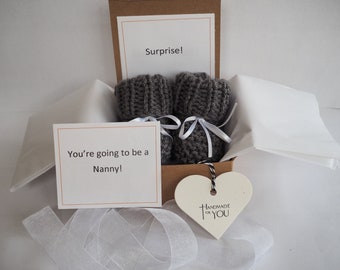 pregnancy reveal to grandparents, pregnancy announcement, pregnancy announcement booties, gender reveal gift, gender reveal booties.