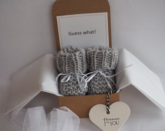 Pregnancy reveal to grandparents, pregnancy announcement booties, pregnancy announcement box, baby shower, gender reveal, reveal booties.