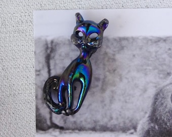 Iridescent Cat Brooch Vintage Kitty Halloween Black Blue Purple Enamel Pin