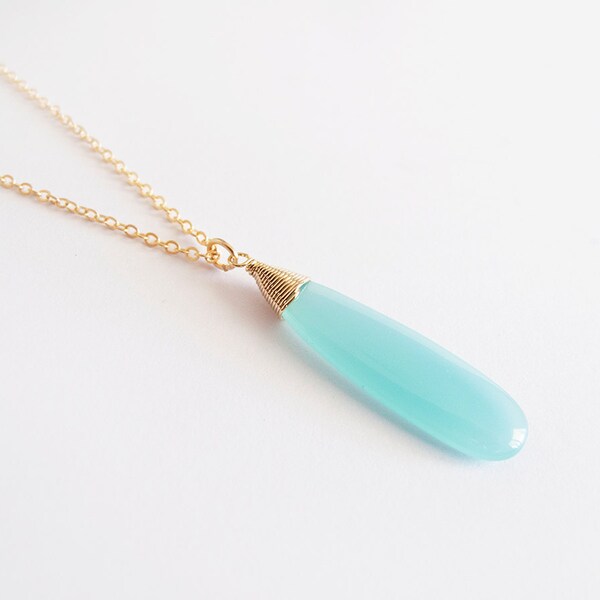 Aqua Blue Gold Glass Drop Necklace - Bridesmaid Gift - Gift for Her