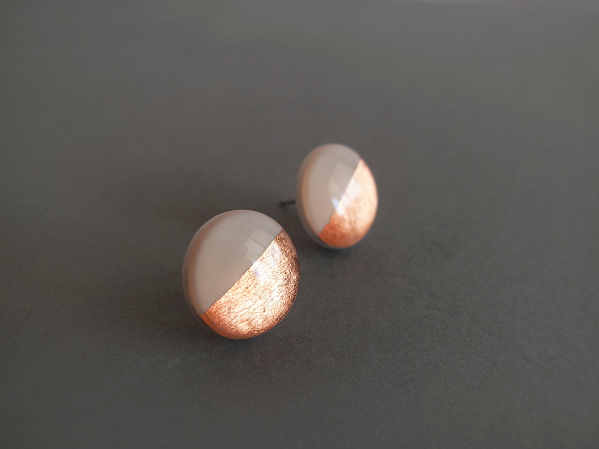 White and Copper Round Stud Earrings Hypoallergenic Surgical Etsy