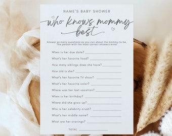 ¿Quién conoce mejor a mamá? Juego para baby shower, juego minimalista imprimible, juego de preguntas y respuestas sobre bebés, juego editable y unisex, colores personalizados
