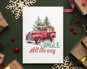 Vintage Christmas Card, Printable Red Christmas Truck Card, Jingle All The Way, Instant Download Greeting Card, Retro Rustic Farmhouse Tree