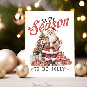 Vintage Christmas Card, Santa Printable Christmas Card, Tis the Season to be Jolly, Instant Download Greeting Card, Retro Christmas Card