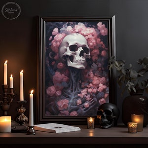 Botanische Skelett Malerei, Rosa Blumen Wand Kunst Druck, Vintage Poster, Kunst Poster Druck, Dark Academia, Spukender Geist, Halloween Dekor
