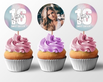 Editable Sweet Sixteen Cupcake Toppers, Custom Photo, Custom Name, Sweet 16 Party Decor, Printable Template, Instant Download, Cricut