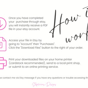 Puede incluir: Un gr&aacute;fico rosa y blanco con el texto "How it works" en cursiva negra. El gr&aacute;fico explica c&oacute;mo acceder e imprimir archivos digitales comprados en Etsy. El gr&aacute;fico incluye una flecha rosa hacia abajo, un icono PDF rosa, un icono de impresora rosa y el texto "Por favor, contacta conmigo a trav&eacute;s de un mensaje de Etsy si tienes alguna pregunta o problema para acceder al archivo. Stefalicious Designs."