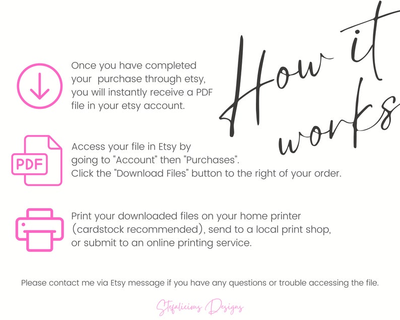 Puede incluir: Un gr&aacute;fico rosa y blanco con el texto "How it works" en cursiva negra. El gr&aacute;fico explica c&oacute;mo acceder e imprimir archivos digitales comprados en Etsy. El gr&aacute;fico incluye una flecha rosa hacia abajo, un icono PDF rosa, un icono de impresora rosa y el texto "Por favor, contacta conmigo a trav&eacute;s de un mensaje de Etsy si tienes alguna pregunta o problema para acceder al archivo. Stefalicious Designs."