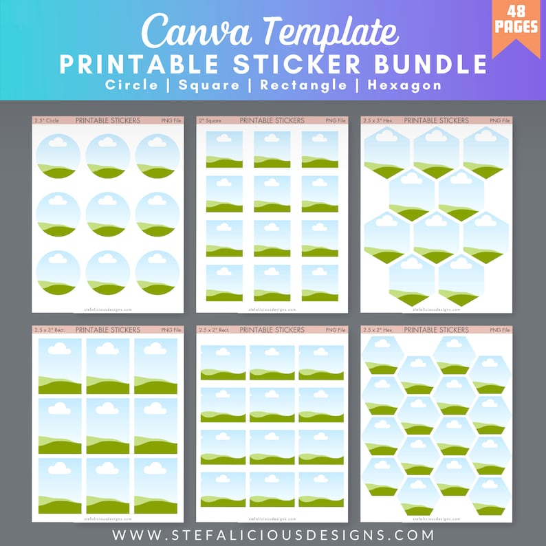 Canva Template. Create printable sticker sheets. Drag and drop your images, art, and designs in to the frames to instantly create sticker sheets to use or sell. Customize Branding. Includes circle, square, rectangle, and hexagon in various sizes.