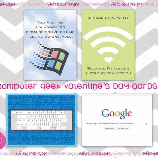 Printable Computer Geek Valentine's Day Cards & Bag Toppers, Tech Valentines, Retro Valentines, Nerd Valentines, Valentines Gift, Geek Gift