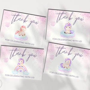 Unicorn Birthday Thank You Cards, Editable Template, Pastel Rainbow Unicorn Birthday Party, Printable Instant Download, Unicorn Party Decor