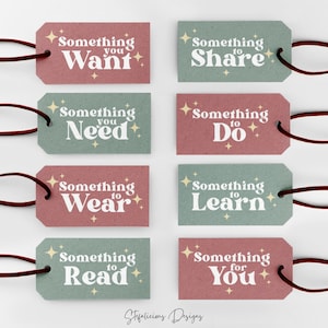 Puede incluir: Seis etiquetas de regalo en un esquema de color rosa y verde. Las etiquetas tienen texto blanco que dice "Something you Want", "Something to Share", "Something you Need", "Something to Do", "Something to Wear", "Something to Read", "Something to Learn" y "Something for You".